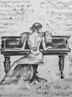 a drawing of a woman sitting at a piano with sheet music in the back ground