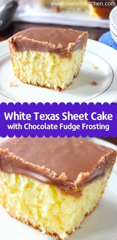 two pieces of white texas sheet cake with chocolate fudge frosting on top and bottom