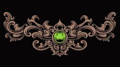 an ornate design with a green stone in the center on a black background stock illustration