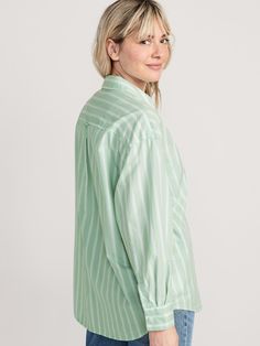 Spread collar, with button-down fastening.  Long drop-shoulder sleeves, with buttoned cuffs.  Front patch pocket.  Seamed back yoke.  Curved hem.  Soft, silicone-washed 100% cotton-twill.  All-over stripe print.  Oversized fit through body.  Women's Oversized Striped Shirt, Boyfriend Shirt, Petite Size, Stripe Print, Striped Shirt, Shoulder Sleeve, Soft Silicone, Oversized Fits, Drop Shoulder