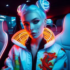 a woman with neon lights on her face sitting in a car