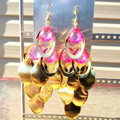 4.25" Long. Fishhook. Gold Plated. Fashion Earrings. Pink Teardrop Chandelier Earrings For Gift, Teardrop Chandelier Earrings For Party, Party Teardrop Chandelier Earrings, Pink Teardrop Metal Earrings, Pink Teardrop Chandelier Earrings, Pink Teardrop Earrings For Party, Pink Drop Chandelier Earrings For Party, Pink Metal Dangle Chandelier Earrings, Pink Metal Chandelier Dangle Earrings