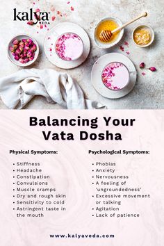 Vata Dosha is associated with the motion of all bodily processes and functions, one of the most important lifestyle considerations is to stabilize this motion by developing a routine. This will be essential for a person with a predominant Vata Dosha to ground all this moving energy. Food For Vata Dosha, Vata Balancing Foods, Chronic Vata Disorder, Vata Breakfast Ideas, Balancing Vata Dosha, Kapha Pitta Dosha Diet, Pitta Vata Dosha Diet, Vata Dosha Breakfast, Vata Kapha Dosha Diet