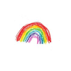 a drawing of a rainbow with colored crayons in the bottom right hand corner