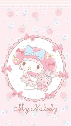 hello kitty holding a teddy bear on top of a pink background