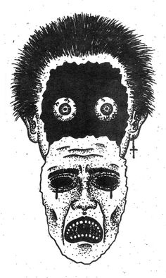 a black and white drawing of a man's face with spikes on his head