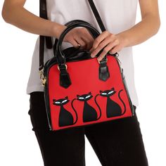 Shoulder Handbag red with 50's Atomic black cat print gift for her retro mod cat print carry all bag cat lover gift idea hip cat print purse Trendy Bags With Cat Design, Cat Design Shopping Bag, Cat Design Shopping Bags, Cat Design Bags Perfect For Gifts, Trendy Black Bag With Cat Print, Novelty Black Bag For Gift, Retro Bag With Zipper Closure As Gift, Retro Bags With Zipper Closure For Gift, Retro Gift Bag With Zipper Closure