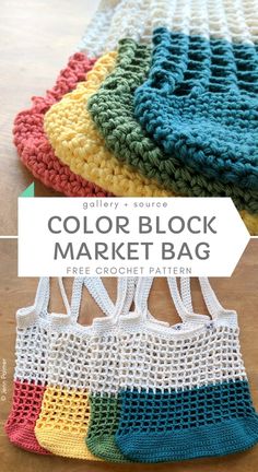 four crocheted bags with the text, color block market bag free crochet pattern