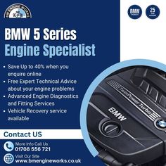 an advertisement for bmw engines with the words bmw 5 series engine specialist