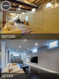 before and after pictures of a living room remodel in an unfinished basement with wood flooring