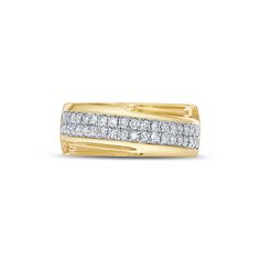 a yellow gold ring with two rows of diamonds