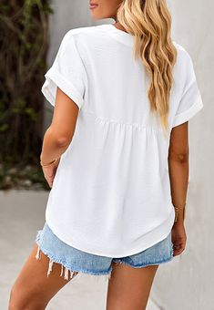 The EMES SHOP blouse is detailed with a fabulous ruched back design. Features solid color. v neck line. short sleeves. and loose fit. Pair it with distressed jeans and sneakers for an easygoing look.MATERIAL:100% PolyesterMEASUREMENTS: Product Length 25.5"-27"in 4-6-Small | Waist: 25"-26.5"in | Chest: 33"-34.5"in 6-8-Medium | Waist: 26.5"-28"in | Chest: 34.5"-36"in 8-10-Large | Waist: 28"-29.5"in | Chest: 36"-37.5"in 10-12-X-Large | Waist: 29.5"-31"in | Chest: 37.5"-39"in MEASUREMENTS: Product L Casual V-neck Blouse With Rolled Sleeves, Casual Solid V-neck Blouse, Casual Solid Color V-neck Blouse, Casual White V-neck Short Sleeve Top, White Casual V-neck Blouse, Casual White V-neck Blouse, Solid Color Short Sleeve Relaxed Fit Blouse, Solid Color Short Sleeve Blouse With Relaxed Fit, Casual V-neck Blouse