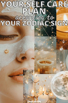 a collage of photos with candles, candle holders and the words your self care plan according to your zodiac sign