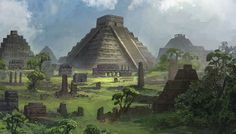 an artist's rendering of ancient ruins in the jungle