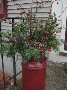 a potted plant in front of a house with pine cones and berries on it