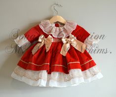 "Lovely dress for baby ,toddler and girl. Classic spanish style. Completely handmade in Spain with European material. You can feel free to contact us if you need more information about sizes, materials, design, complements, ... We'll be very happy to answer all your questions. (Send us a message if you need a matching outfit for boys). THIS LISTING IS FOR THE DRESS AND ITS COMPLEMENTS. YOU SHOULD BUY THE DRESS AND ACCESSORIES YOU WANT TO COMPLETE YOUR SET. The accessories will always be made in Toddler Girl Christmas Dress, Spanish Clothes, Ruffled Baby Dress, Smocked Baby Dresses, Christmas Dresses, Vintage Girls Dresses, Girls Easter Dresses, Girls Pink Dress, Beautiful Nursery