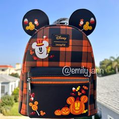 New With Tags Adorable Disney Halloween Plaid Mickey Mouse Ears Mini Backpack Polyurethane Polyester Lining Adjustable Straps 9” In 4 1/2” In 11” Gorgeous Fall Backpack, Halloween Plaid, Loungefly Purse, Orange Backpacks, Mickey Mouse Halloween, Mickey Mouse Ears, Loungefly Disney