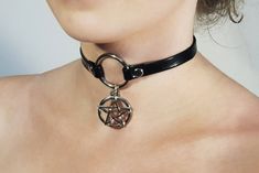 Occult, esoteric pendant - inverted PENTAGRAM choker/necklace. Pentagram charm diameter: 1' inch // 25mm 👇 ✔️ready to ship ✔️handmade in EU ✔️vegan leather ✔️order processing within 24h 👇 ❗ If you need another length - please write in Note to Order. All our shipments are in discreet packages. Gothic Nickel-free Choker Jewelry, Gothic Nickel-free Choker, Nickel-free Gothic Choker Jewelry, Gothic Round Adjustable Necklace, Gothic Adjustable Round Necklace, Handmade Witchy Choker Jewelry, Pentagram Choker, Wicca Necklace, Witchcraft Jewelry