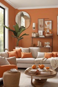 a living room with orange walls and white furniture in the center, an oval mirror on the wall