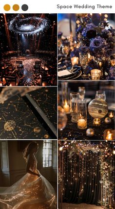 a collage of photos showing different types of wedding decorations and candles in the background