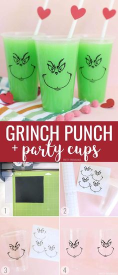 the grinch punch party cups are ready to be filled with fun and easy drinks