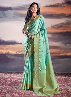 Sea Green Brocade Weaved Satin Silk Saree Classic Saree, Satin Silk Saree, Satin Saree, Green Saree, Saree Shopping, Readymade Blouse, Silk Sarees Online, Traditional Sarees, Satin Silk