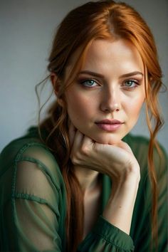 a woman with red hair and blue eyes is looking at the camera while wearing a green shirt