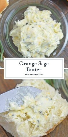 orange sage butter in a glass bowl with a spoon on the side and an image of bread