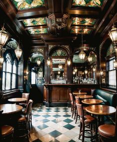 an ornately decorated bar with checkered flooring