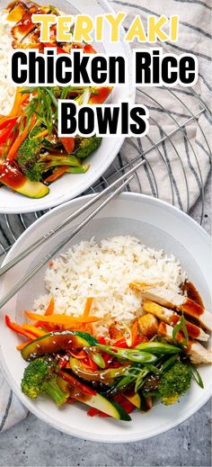 two white bowls filled with rice and veggies on top of a gray table