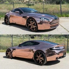 two pictures of the front and side of a silver sports car with gold rims