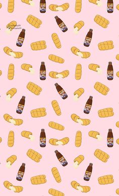 a pink background with lots of different types of breads and beer bottles on it