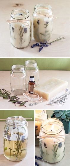 jars filled with flowers and candles sitting on top of a table next to each other