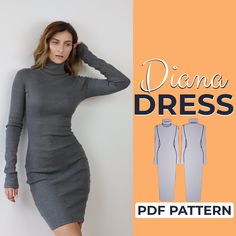 "Whole shop bundle: https://www.etsy.com/listing/1511002278 ------------------------------------------------------------------------------------- Meet the --DIANA DRESS Sewing Level--Beginner Pattern Type--This is a digital PDF Sewing Pattern.  This is not a paper pattern that you would receive in the mail.   Pattern LanguageEnglish  Pattern Features -- No Closure Bodycon Style Turtle Neck Long Sleeve Knee Length Sizes --XXS-XXXL Seam Allowance --3/8\" (1cm) already included Sewing Tools / Equipment -- Zigzag sewing Machine -Measuring tape -Scissors -Pins or clips -Coordinating thread -Fabric marker -Hand sewing needle -Seam ripper Notions --n/a Fabric Type--Stretch Fabric - 4 way stretch   Recommended Fabrics -- This pattern is best suited for medium weight knitted fabrics such as Rib Kni Turtleneck Sewing Pattern Free, High Neck Dress Pattern, Long Sleeve Dress Sewing Pattern, Long Sleeve High Neck Dress, Sweater Dress Pattern, Long Sleeve Dress Winter, Diana Dress, Long Sleeve Fitted Dress, Seam Allowance