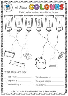 the worksheet for all about colours and their names is shown in black and white