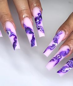 Purple Ballerina Nails, Purple Theme Acrylic Nails, Crazy Purple Nails, Unique Acrylic Nails Creative, Purple Cloud Nails Acrylic, Purple Fantasy Nails, Extravagant Purple Nails, Ballerina Acrylic Nails, Blue And Silver Nails