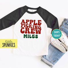 Apple Picking Crew with Custom Name Raglan Shirt, Fall Apple Picking, Personalized Gifts for Kids PRODUCTION TIME Little Spunkies from the designer/owner of Spunky Pineapple Co https://www.etsy.com/shop/SpunkyPineappleCo   All baby and toddler clothes are 100% designed and printed with water based ink. All orders placed before 12:00 pm EST are shipped out same day (Monday - Friday). Orders received after noon are shipped out the next business day. ONESIES® BRAND  Made from 100% Cotton. We print on Onesies® Brand and do recommend ordering up one size as these run a little small after washing. T-SHIRT Made from 100% Cotton. These run true to size. If you are in between sizes we suggest sizing up. RAGLAN Made from 52% Cotton / 48% Polyester. These run true to size. If you are in between sizes Playful Crew Neck T-shirt For Fall, Playful School Top For Fall, Fall Apple Picking, Fall Apples, Personalized Gifts For Kids, Raglan Shirt, Kids Graphic Tees, Apple Picking, Raglan Shirts