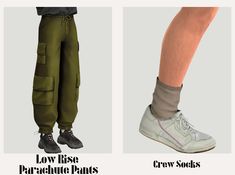 low rise parachute pants and low socks are shown in three different views, each with the same color