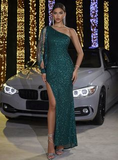 One-shoulder Long-sleeved Sequined Long Evening Dress