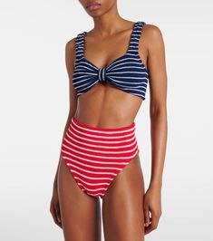 Judy striped bikini in multicoloured - Hunza G | Mytheresa White Striped Swimwear For Beach, Beachwear Swimwear With Vertical Stripes For Vacation, Beach Swimwear With Vertical Stripes, Vertical Striped Swimwear For Summer Poolside, Beachy Striped Swimwear For Sunbathing, Striped Seamless Fitted Swimwear, Fitted Striped Seamless Swimwear, Striped Fitted Seamless Swimwear, Vertical Stripes Swimwear For Beach Season