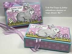 two boxes decorated with bunny images and ribbon tied around the edges, one has an easter message on it