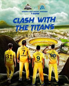 the poster for clash with the titans shows three men in yellow uniforms standing on a rock