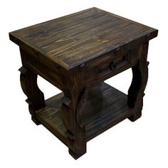 a small wooden table with one drawer on the bottom and two shelves below it, against a white background