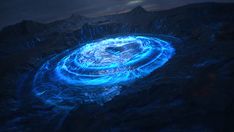 an artist's rendering of a blue ring in the middle of a mountain range