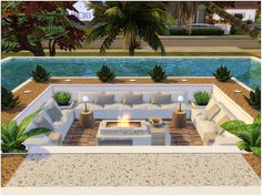 an outdoor living area with couches and fire pit in front of a swimming pool