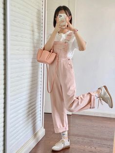 Our best-selling Spring Denim Overalls now comes in a light pastel pink color! Roomy straight legs with high waisted fit, lots of pockets and Y-back. S: 31.5" waist, 41" hips, 12" rise, 25" thighs, 23" inseamM: 33" waist, 42.5" hips, 12" rise, 26" thighs, 23" inseamL: 34.5" waist, 44" hips, 12" rise, 27" thighs, 23" inseam How to attach buckles:Slide the rectangular buckle on first, followed by the T-shaped buckle. Overall straps will hold on its own as such or you can slide the free end back in Overalls Pink, Pastel Pink Color, Light Pastel Pink, Spring Denim, Denim Overalls, Pastel Pink, Pink Color, Overalls, Straight Leg