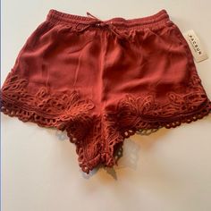 Size Xs New With Tags Embroidered Lace Details Elastic Waist 75% Viscose 25% Linen Red Beachwear Bottoms For Day Out, Red Shorts For Loungewear And Beach Season, Red Shorts For Beach Season Loungewear, Red Shorts For Beach In Spring, Red Beachwear Shorts For Spring, Pacsun Shorts, Lace Trim Shorts, Embroidered Lace, Orange Red