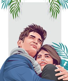 a man and woman hugging each other in front of palm trees with leaves around them