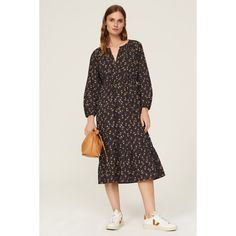 Black floral cotton blend (55% Cotton, 45% Tencel). Hourglass. Long sleeves. Crewneck. Front button closure. 46.5" from shoulder to hemline. Imported. Peasant Style Dress, Peasant Style, Black Floral Print, Rent The Runway, Sleeve Midi Dress, Long Sleeve Midi, Long Sleeve Midi Dress, Black Floral, Midi Length