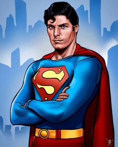 a drawing of superman with his arms crossed in front of the cityscape behind him